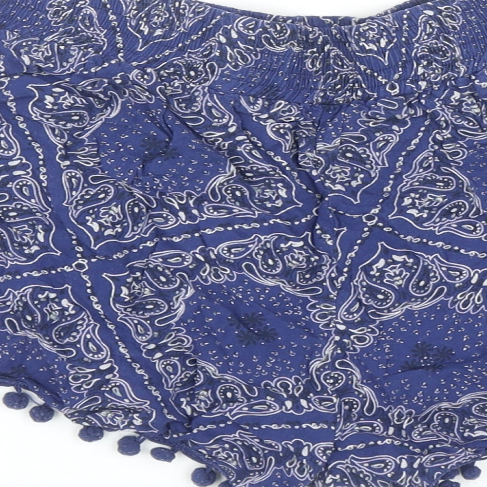 Band of Gypsies Womens Blue Paisley Viscose Sweat Shorts Size M L3 in Regular Pull On - Pom Pom Trim