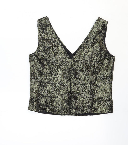 Caliendo Womens Gold Floral Acetate Basic Tank Size 8 V-Neck