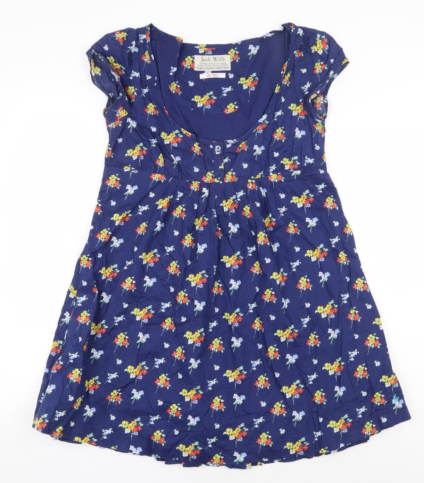 Jack Wills Womens Blue Floral 100% Cotton A-Line Size 8 Scoop Neck Button