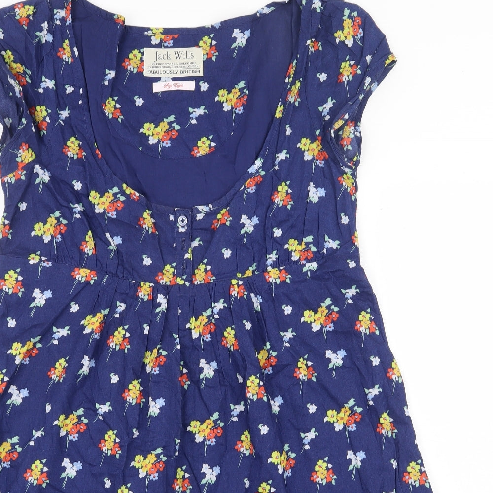 Jack Wills Womens Blue Floral 100% Cotton A-Line Size 8 Scoop Neck Button
