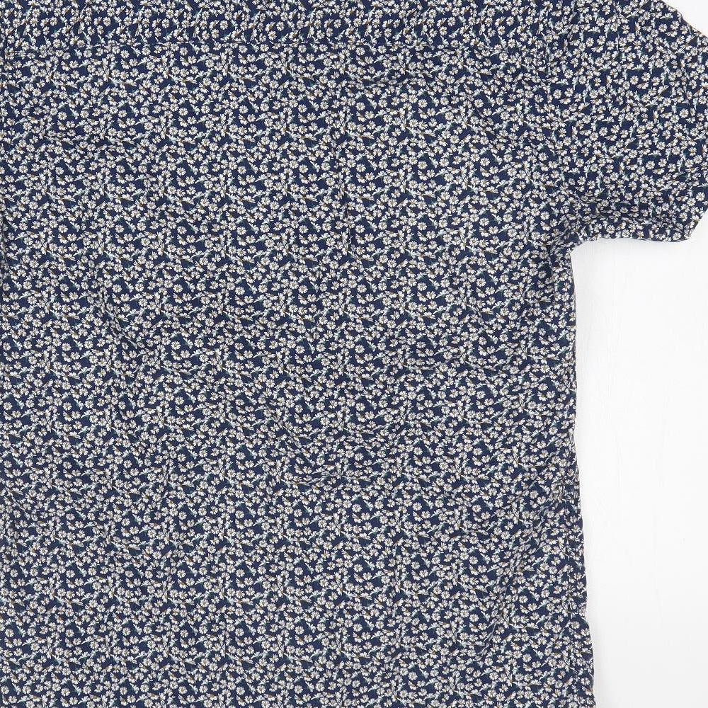 Easy Mens Blue Floral Cotton Button-Up Size S Collared Button