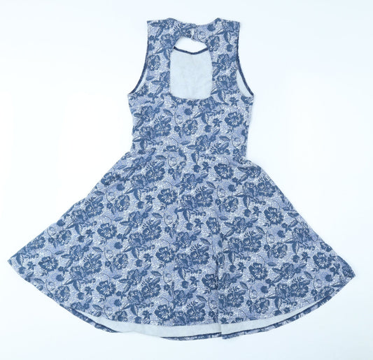 Hollister Womens Blue Floral Cotton A-Line Size XS Crew Neck Button - Flared Bottom