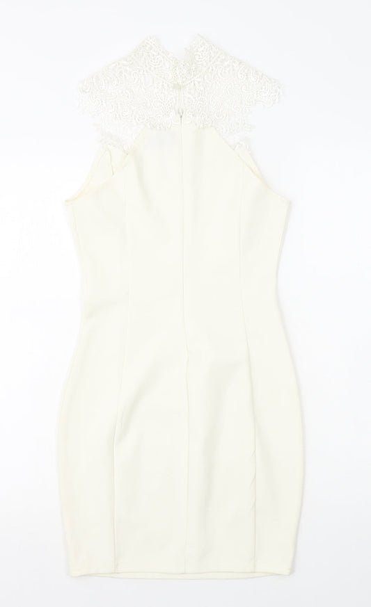 Miss Holly Womens White Cotton Mini Size XS High Neck Zip - Lace Top