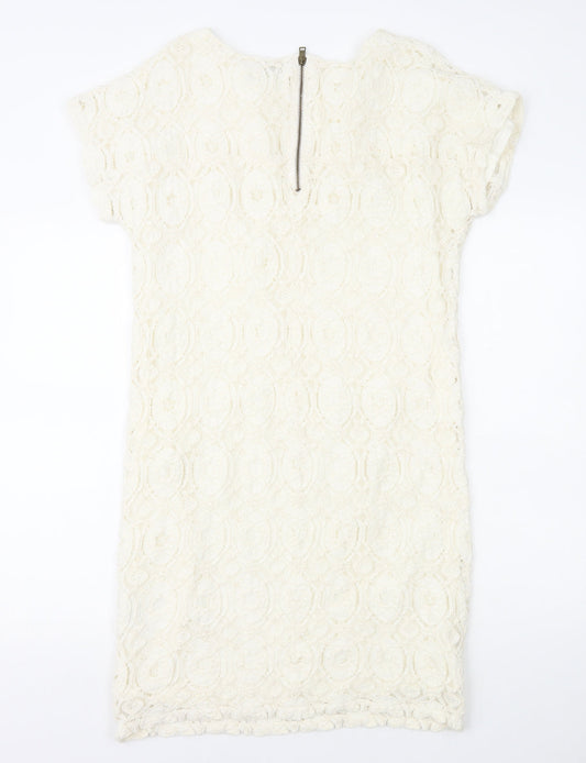 Oui Womens White Geometric Polyamide Shift Size 12 Round Neck Zip - Lace Overlay