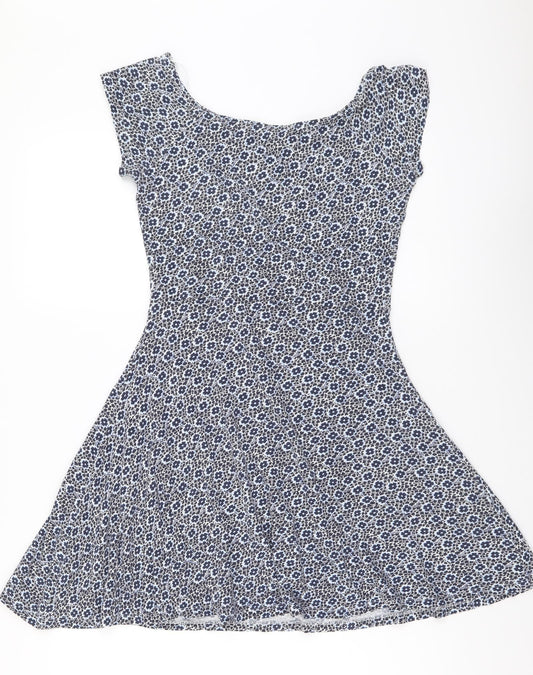 Easy Wear Womens Blue Floral Cotton Mini Size S Boat Neck Pullover