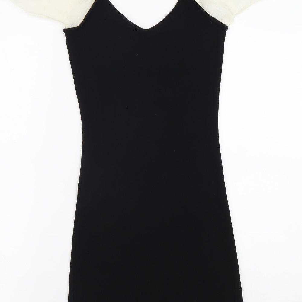 Zara Womens Black Polyester Bodycon Size XS V-Neck Pullover - Balloon Sleeves