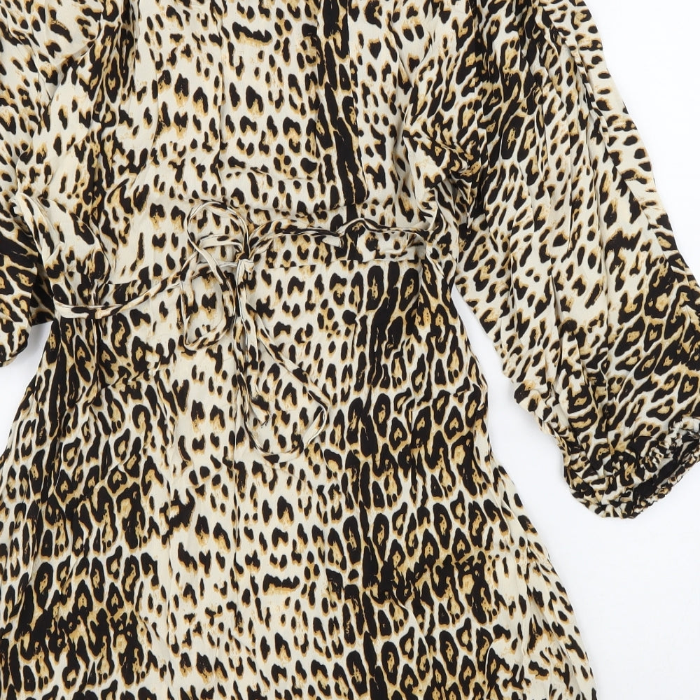 River Island Womens Brown Animal Print Viscose Fit & Flare Size 14 Round Neck Zip - Leopard Print