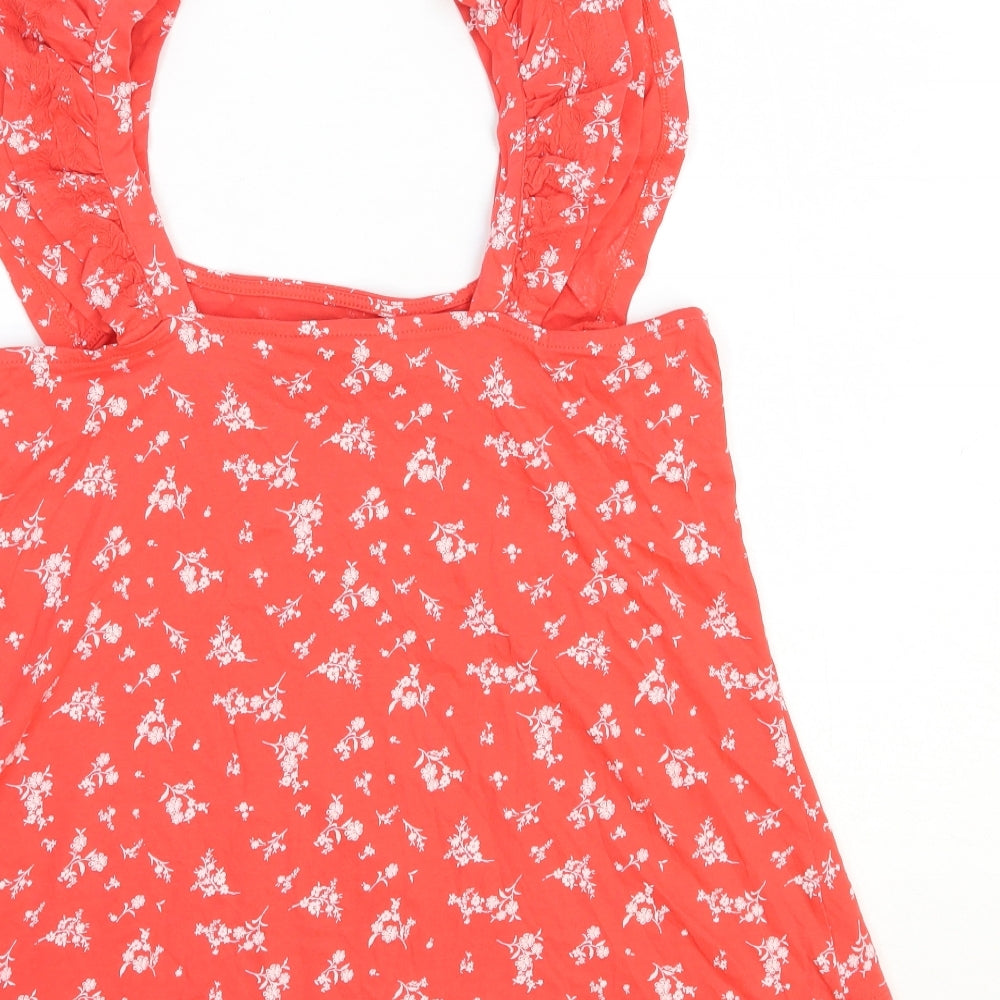 Marks and Spencer Womens Red Floral 100% Cotton Basic Tank Size 10 Square Neck
