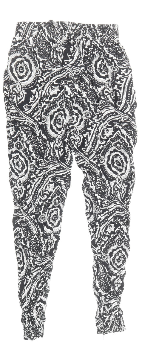 Quiz Womens Black Geometric Viscose Trousers Size S Regular Drawstring