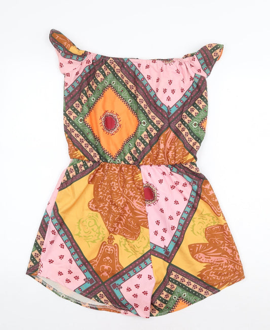 Preworn Womens Multicoloured Geometric Polyester Playsuit One-Piece Size S Pullover
