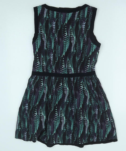 Jack Wills Womens Green Geometric Polyester Fit & Flare Size 10 Scoop Neck Zip