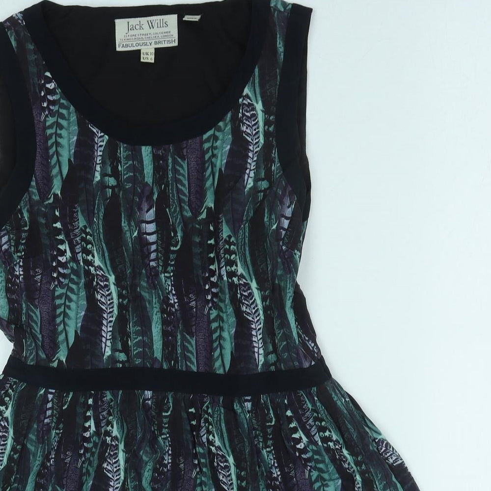 Jack Wills Womens Green Geometric Polyester Fit & Flare Size 10 Scoop Neck Zip
