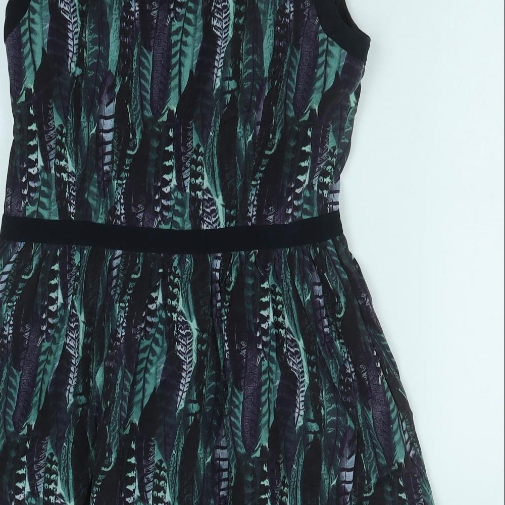 Jack Wills Womens Green Geometric Polyester Fit & Flare Size 10 Scoop Neck Zip