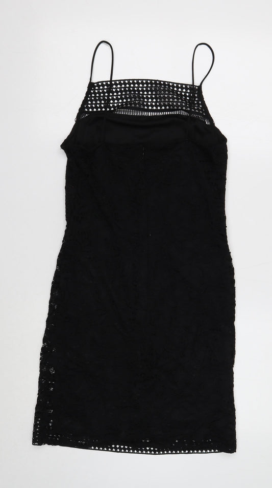 Topshop Womens Black Geometric Polyester A-Line Size 12 Square Neck Zip