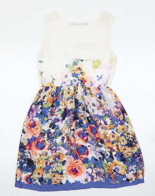 Zara Womens Blue Floral Polyester Fit & Flare Size XS Boat Neck Zip