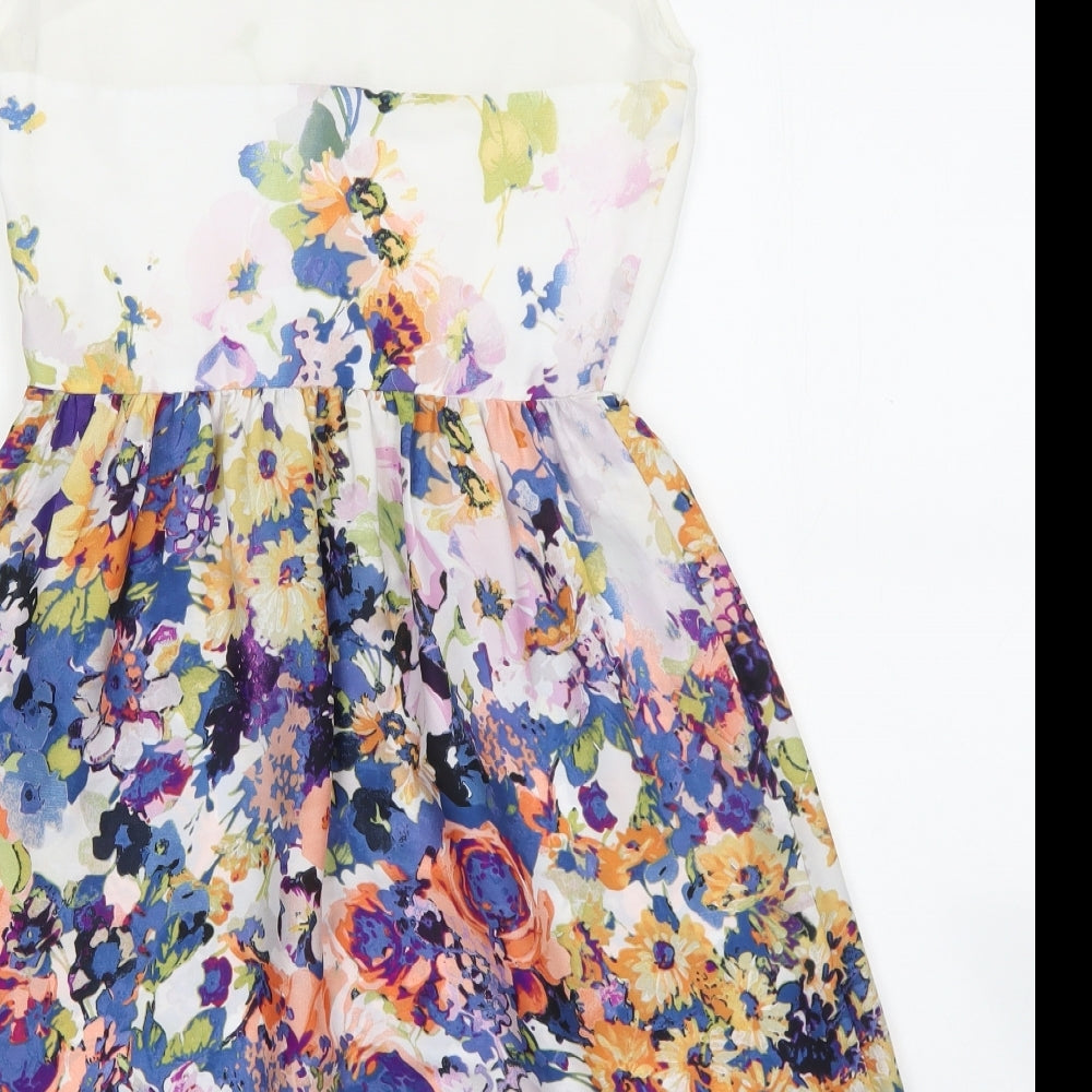 Zara Womens Blue Floral Polyester Fit & Flare Size XS Boat Neck Zip