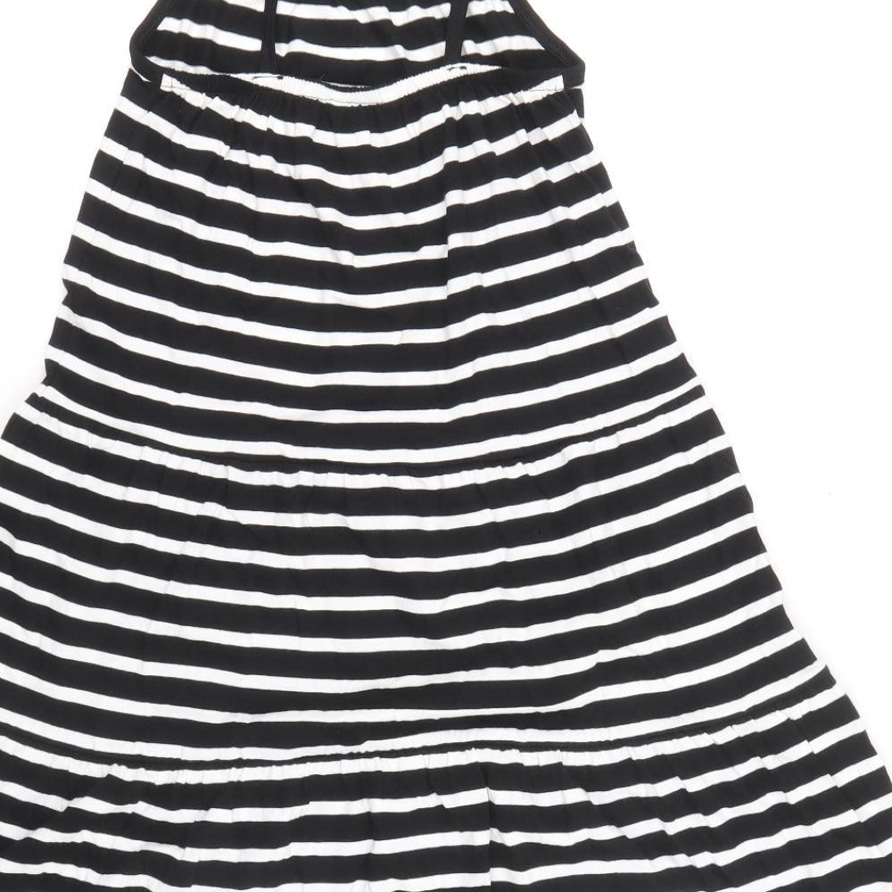 Marks and Spencer Girls Black Striped 100% Cotton Skater Dress Size 6-7 Years Round Neck Pullover