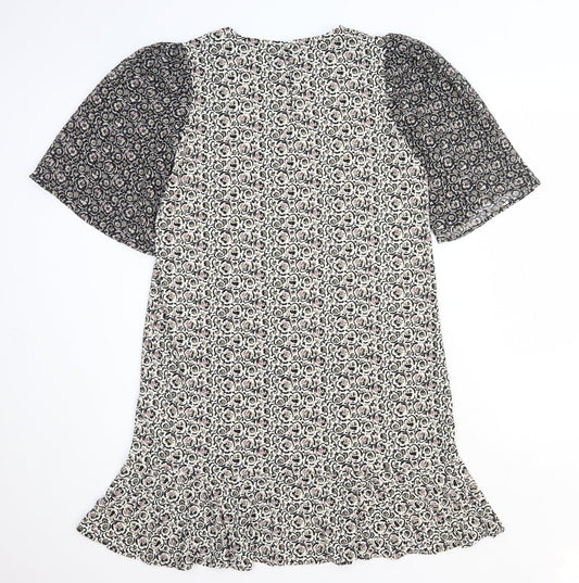 NEXT Womens White Floral Polyester Shift Size 8 Round Neck Button