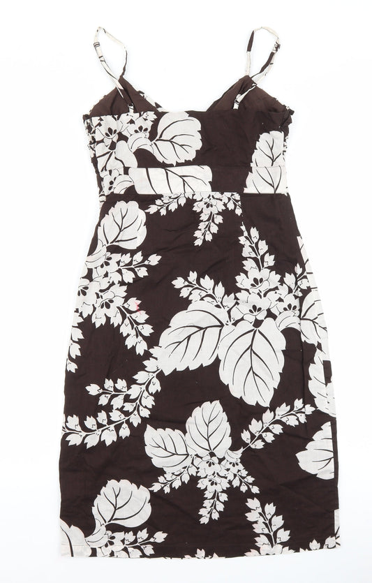 Warehouse Womens Brown Floral Cotton Slip Dress Size 10 V-Neck Zip