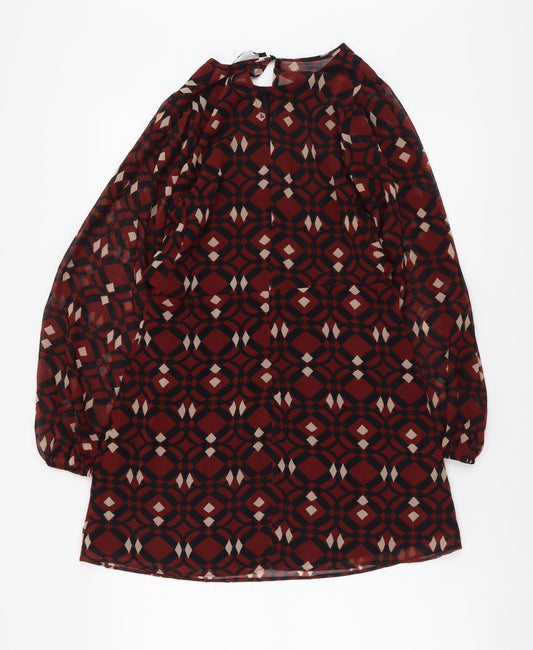 Zara Womens Brown Geometric Polyester Shift Size M Round Neck Button