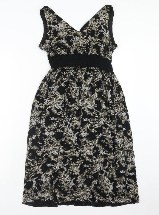 Body Heat Womens Black Floral Polyester A-Line Size 6 V-Neck Pullover