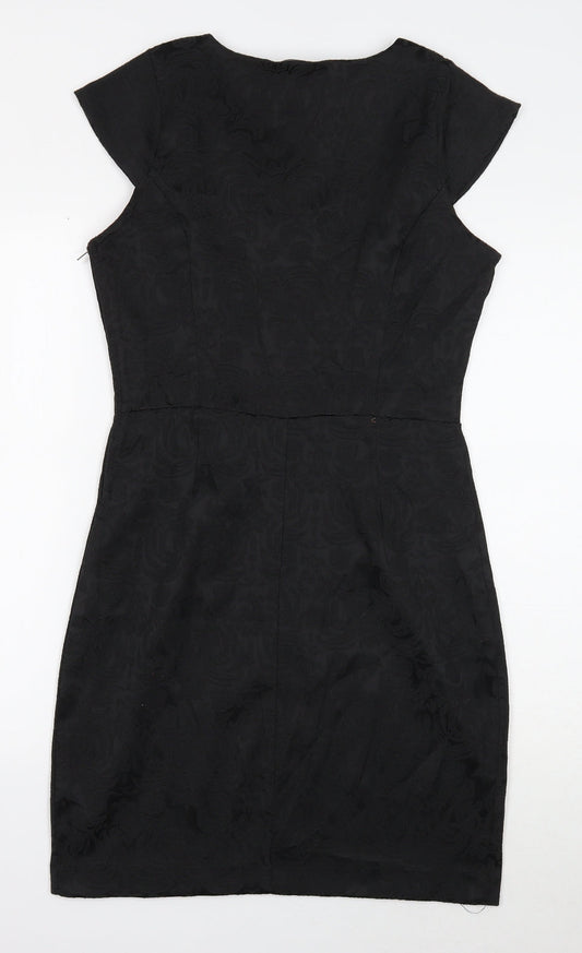 Preworn Womens Black Cotton Pencil Dress Size M Round Neck Zip - Cap Sleeve