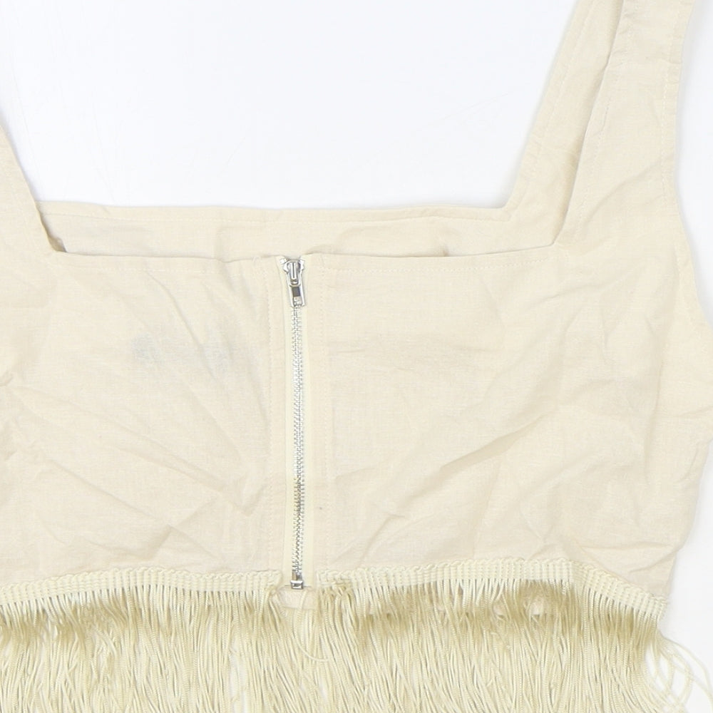 PRETTYLITTLETHING Womens Beige 100% Cotton Cropped Tank Size 10 Square Neck - Fringe Hem