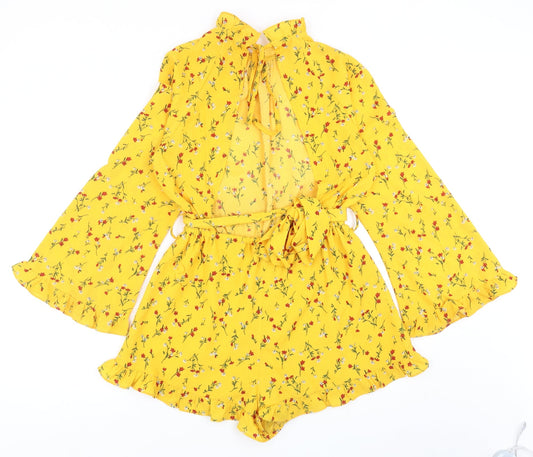 Eight Womens Yellow Floral Polyester Playsuit One-Piece Size S Tie