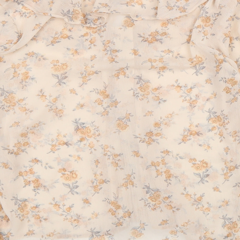 New Look Womens Beige Floral Polyester Basic Button-Up Size L Scoop Neck