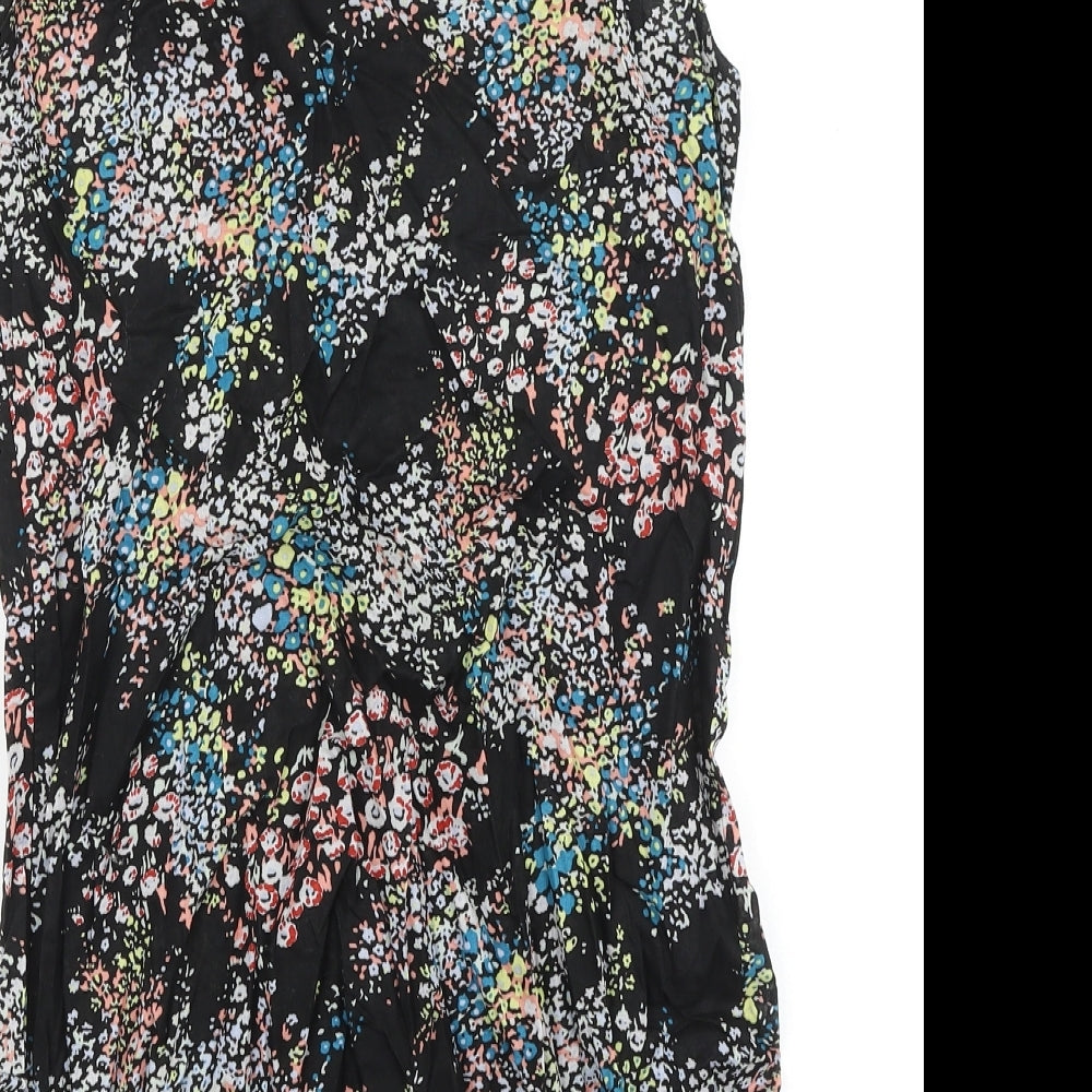 Warehouse Womens Black Floral Viscose A-Line Size 12 Scoop Neck Zip
