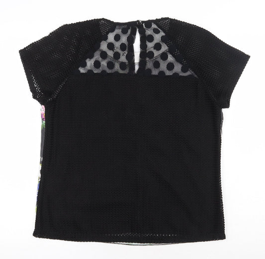Amethyst Womens Black Geometric Viscose Basic T-Shirt Size L Round Neck