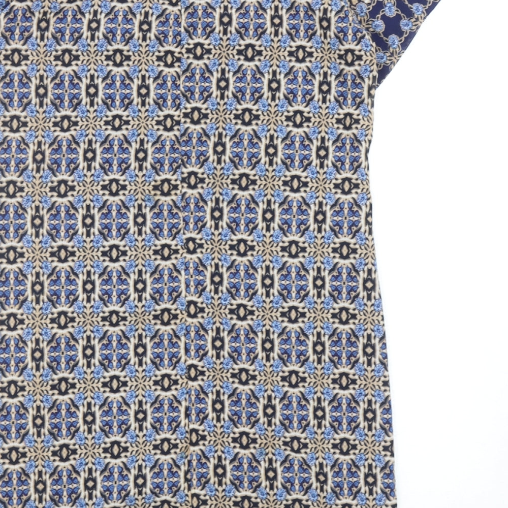 New Look Womens Blue Geometric Polyester A-Line Size 12 Round Neck Zip