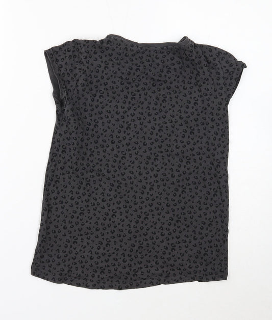 H&M Girls Grey Animal Print Cotton Basic T-Shirt Size 10 Years Round Neck Pullover - Leopard print