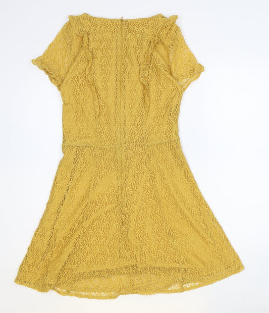 New Look Womens Yellow Floral Nylon A-Line Size 10 Boat Neck Zip