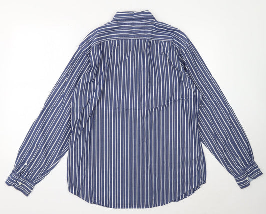 Nautica Mens Blue Striped Cotton Button-Up Size L Collared Button
