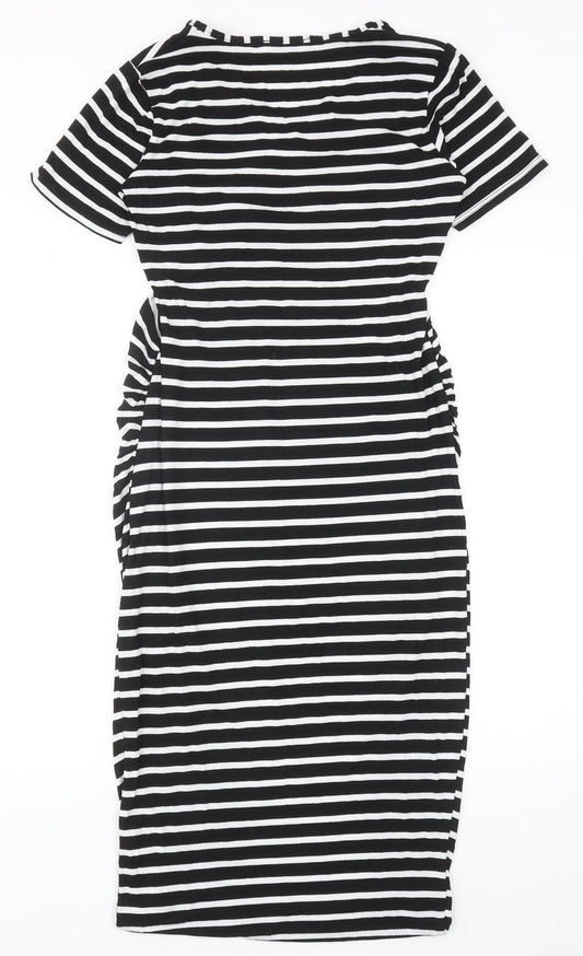 Blue Bell Womens Black Striped Viscose T-Shirt Dress Size 8 V-Neck Pullover