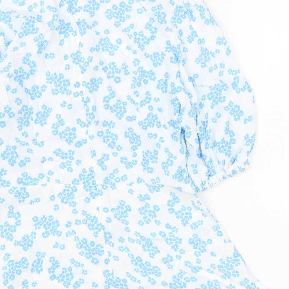 Marks and Spencer Womens Blue Floral Polyester Basic Blouse Size 8 Round Neck