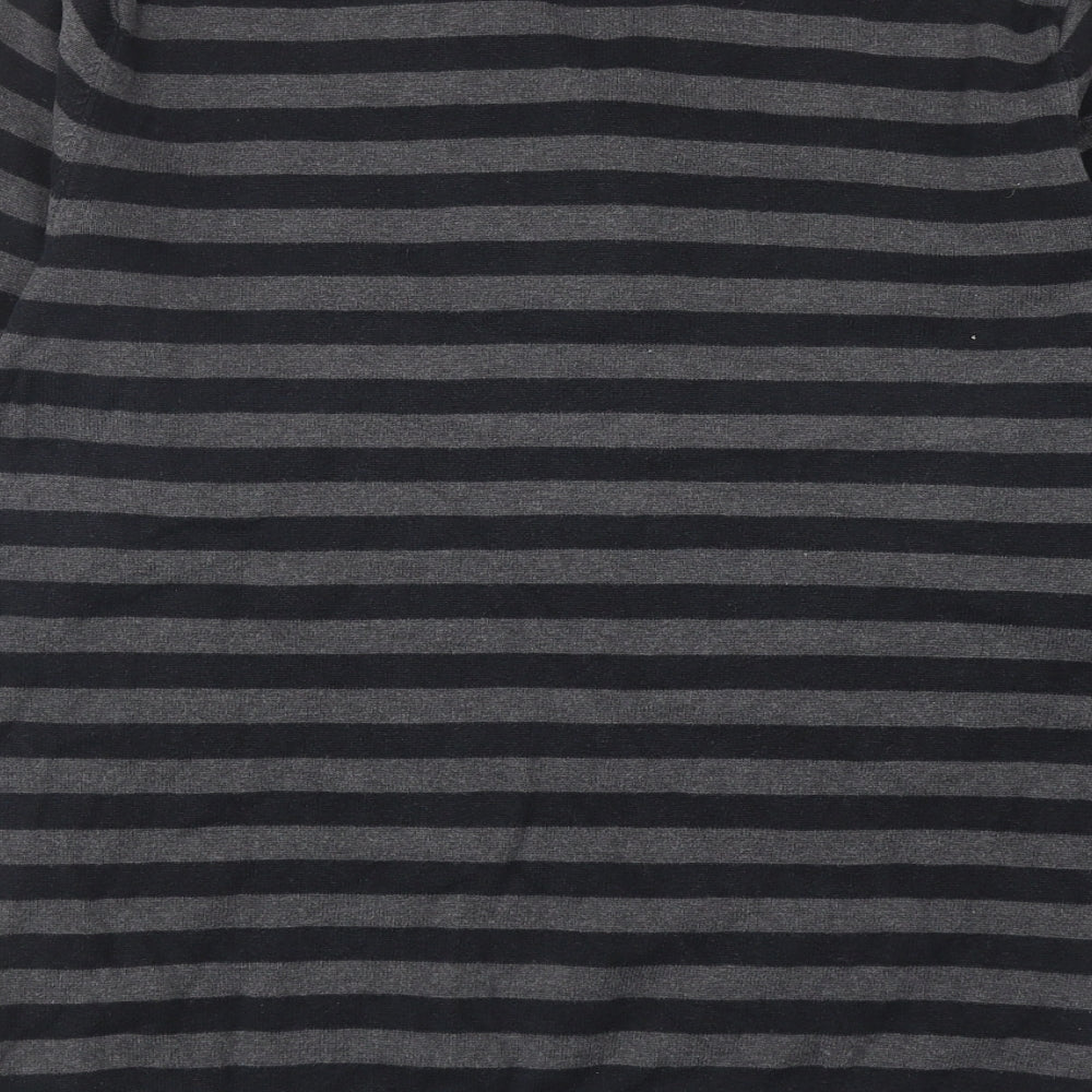 Urban Surface Mens Grey V-Neck Striped Cotton Henley Jumper Size S - Elbow Patches