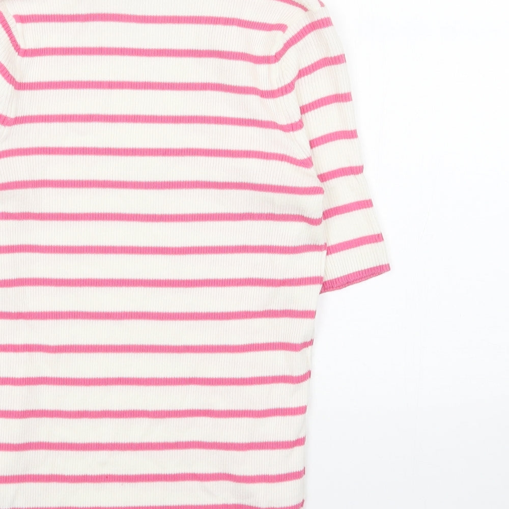 Marks and Spencer Womens White Collared Striped Cotton Pullover Jumper Size XS