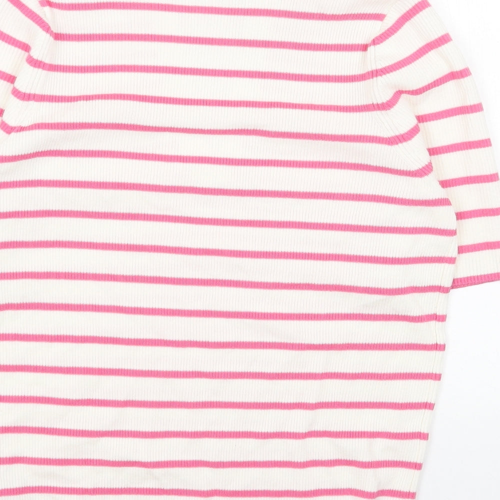 Marks and Spencer Womens Pink Collared Striped Cotton Pullover Jumper Size M - Ribbed Polo