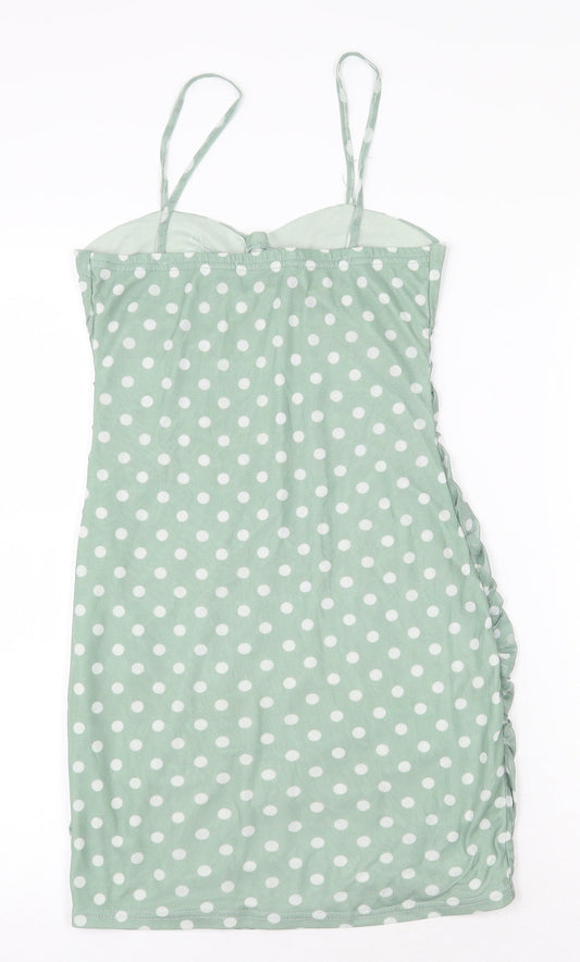 PRETTYLITTLETHING Womens Green Polka Dot Polyester Slip Dress Size 6 Sweetheart Pullover