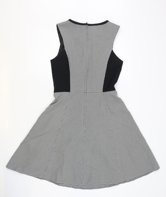 Dorothy Perkins Womens Black Houndstooth Polyester Skater Dress Size 10 Scoop Neck Zip