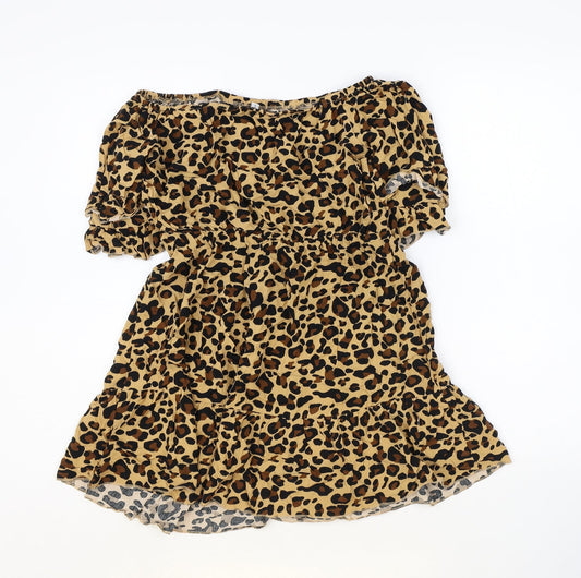 Preworn Womens Brown Animal Print Polyester Shift Size S Off the Shoulder Pullover - Leopard print