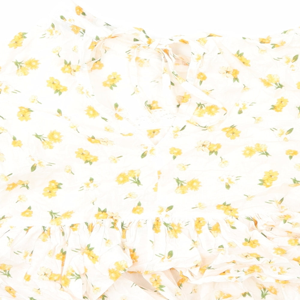 ASOS Womens White Floral 100% Cotton Cropped Blouse Size 10 Round Neck