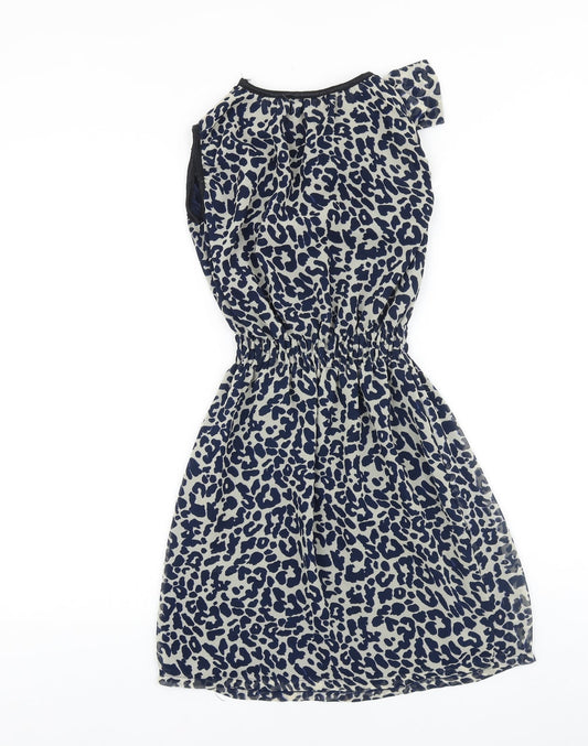 Glamorous Womens Blue Animal Print Polyester Fit & Flare Size 8 Scoop Neck Pullover - Leopard Print