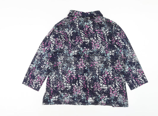 Anna Rose Womens Blue Geometric Polyester Basic Button-Up Size XL V-Neck