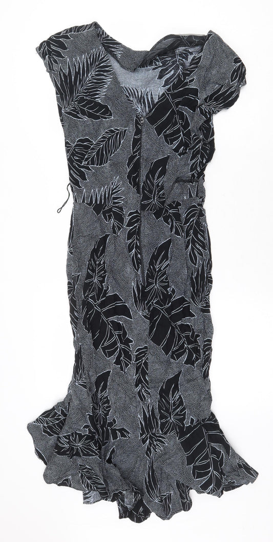 All That Jayy Womens Black Geometric Viscose Mermaid Size 10 Boat Neck Zip - Leaf Pattern