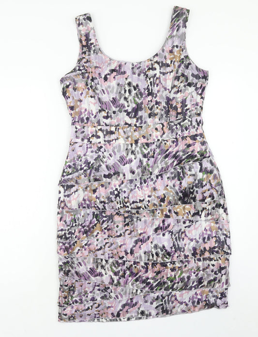 minuet Womens Purple Geometric Polyester A-Line Size 14 Round Neck Zip