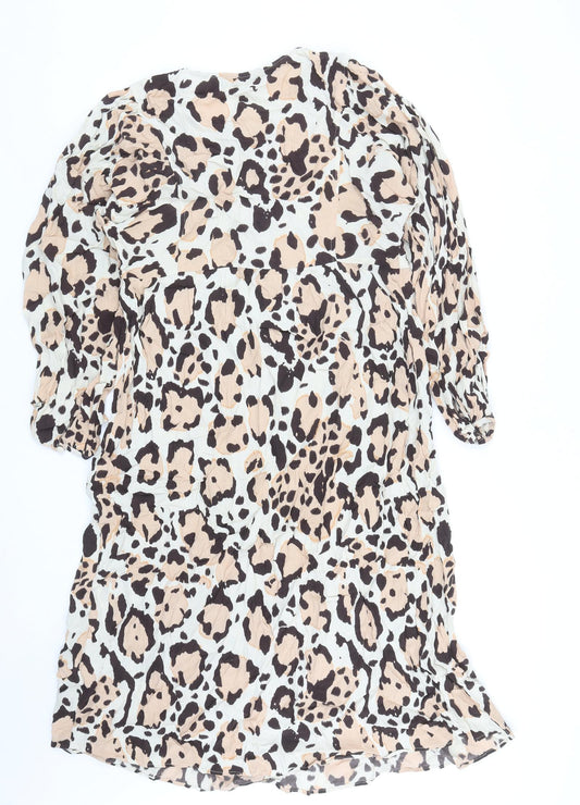 Marks and Spencer Womens Brown Animal Print Viscose A-Line Size 12 Boat Neck Button
