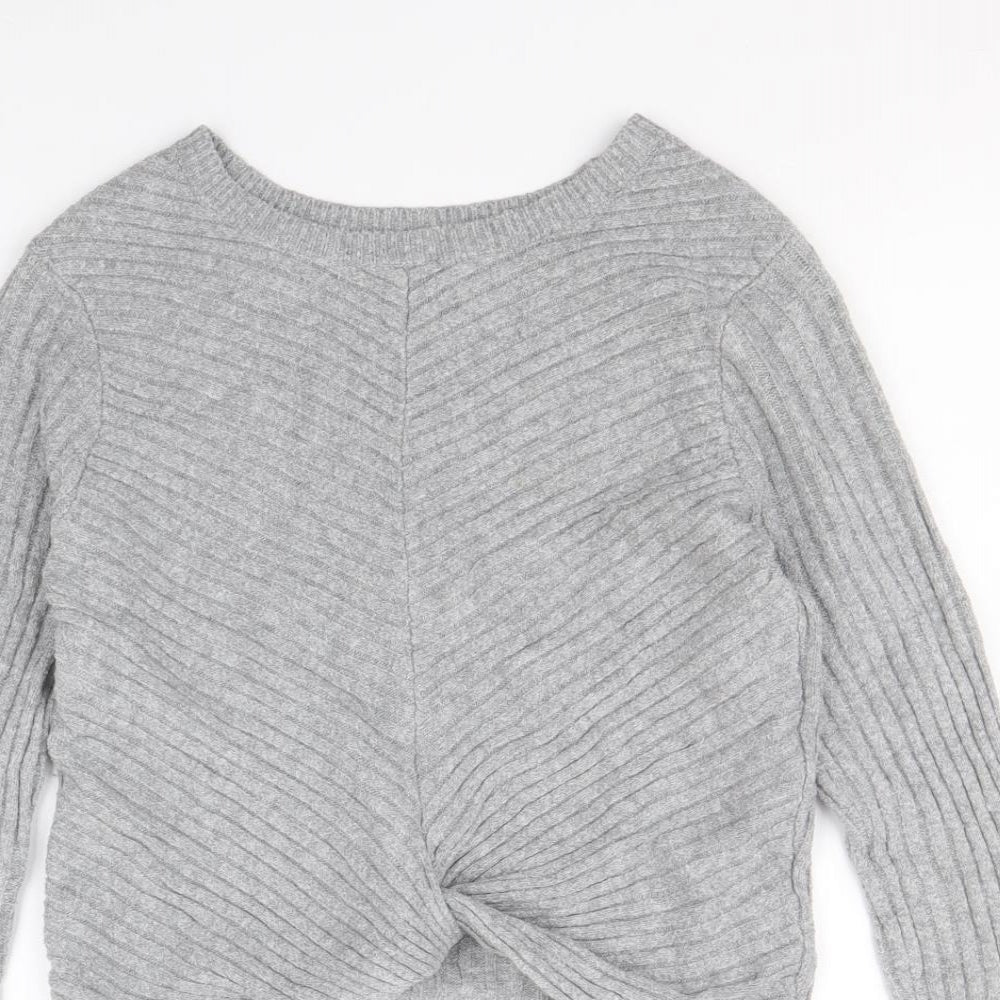 Hollister Womens Grey Boat Neck Acrylic Pullover Jumper Size M - Ribbed Knot Front